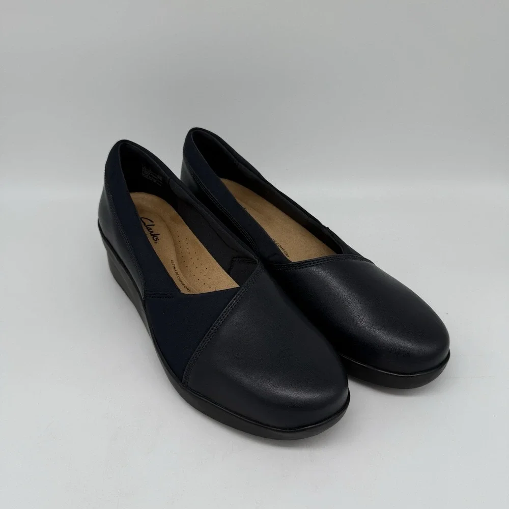 Clarks Artisan Shoes Womens Size 9.5‎ W Navy Blue Leather Wedge Heels Comfort